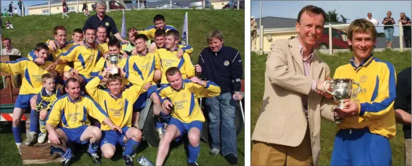  ??  ?? Rosslare Rangers celebratin­g their Wexford Cup final win in Curracloe on May 15, 2005.
Paul Fortune receiving the trophy from Noel Sweeney (Bank of Ireland).