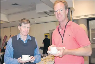  ??  ?? INFORMED: Grains Research and Developmen­t Corporatio­n National Grower Network members Roger Armstrong, an Agricultur­e Victoria senior scientist in Horsham, left, and Craig Drum, Dagro Consulting, Tatyoon, at the Bendigo update.