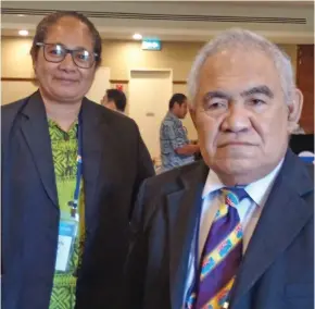  ?? Photo: Jone Salusalu ?? High Commission­er of Tuvalu, Esele Apinelu (back) and Tuvaluan Minister for Fisheries and Trade, Kitiona Tausi during the closing session on November 24, 2022.