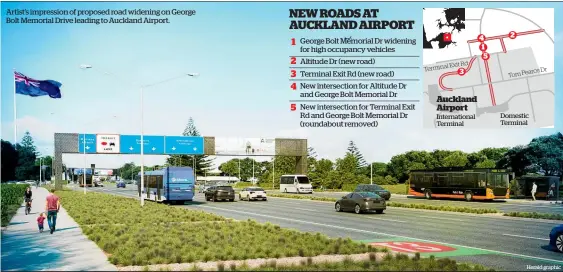  ?? Herald graphic ?? Artist’s impression of proposed road widening on George Bolt Memorial Drive leading to Auckland Airport.