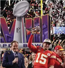  ?? AP ?? Kansas City Chiefs quarterbac­k Patrick Mahomes celebrates after winning the Super Bowl against the San Francisco 49ers