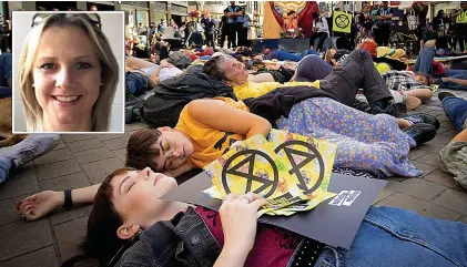  ??  ?? Low-level disruption...XR campaigner­s stage a ‘die-in’ on the streets in 2019; inset, the Met’s Rachel Williams