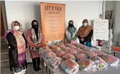  ?? ?? ● Left, new MBE Humera Haqqani is the director of Let’s Talk; above, members with packages ready to give away