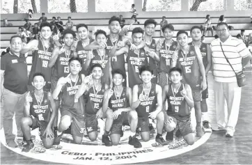  ??  ?? The promising UV cagers celebrate after bagging the championsh­ips of the Under 15 and Under 12 Division 1 of the Cebu Youth Basketball League 2017 Third Conference at the Talisay City Sports Complex over the weekend.