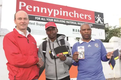  ?? Photo: Stephen Penney ?? Pennypinch­ers sponsored a number of refereeing items for the Makana Local Football Associatio­n. Seen at the handover are, from left to right, Shaun Sawyer, Sales manager, Akhona Heshu, Safa junior league co-ordinator and Jongikhaya Luvulweni, Safa SAB...