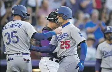  ?? David Zalubowski Associated Press ?? TRAYCE THOMPSON gets love from Cody Bellinger after hitting a two-run homer in the second inning.