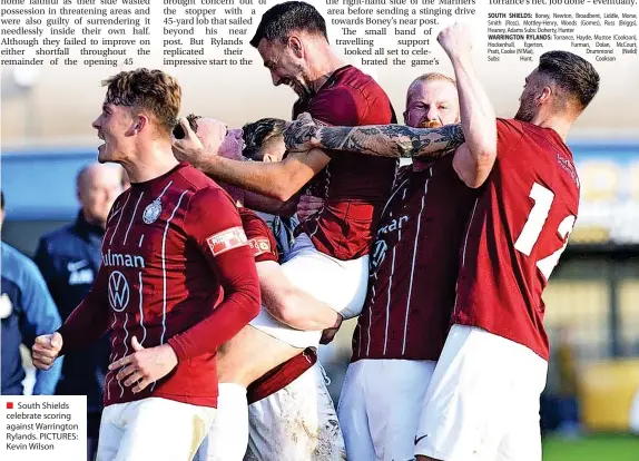  ?? ?? ■ South Shields celebrate scoring against Warrington Rylands. PICTURES: Kevin Wilson