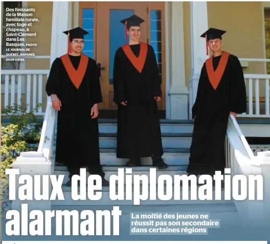  ?? PHOTO LE JOURNAL DE QUÉBEC, DAPHNÉE DION-VIENS ?? Des finissants de la Maison familiale rurale, avec toge et chapeau, à Saint-Clément dans Les Basques.