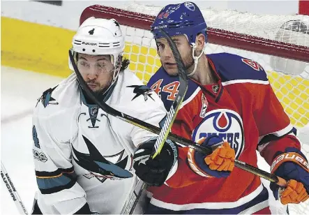  ?? ED KAISER ?? One game into their Western Conference quarter-final series Zack Kassian and the Oilers already know they’re in for a major test against Brenden Dillon and the playoff-hardened San Jose Sharks