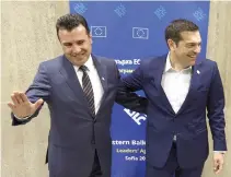  ??  ?? GREEK Prime Minister Alexis Tsipras (right) meets with Macedonian Prime Minister Zoran Zaev at the European Union-Western Balkans Summit in Sofia, Bulgaria in this May 17 photo.