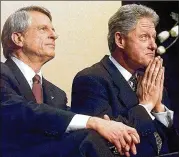  ?? WILFREDO LEE / AP 1997 ?? Gov. Zell Miller (left) sits with President Bill Clinton at Augusta State University in 1997. Miller helped resuscitat­e Clinton’s failing campaign in 1992.