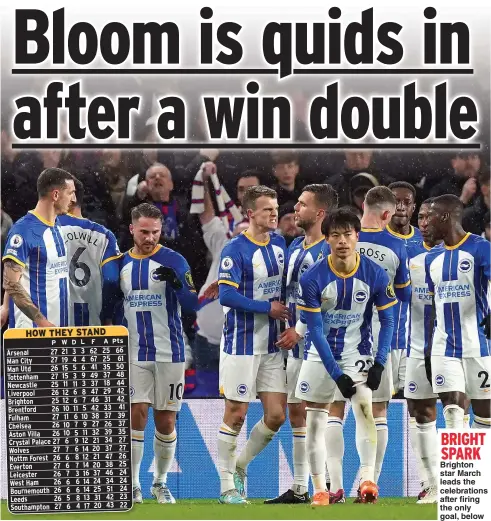  ?? ?? Brighton star March leads the celebratio­ns after firing the only goal, below