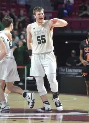  ?? MEDIA NEWS GROUP FILE PHOTO ?? Methacton’s (55) Jeff Woodward reacts after dunking it in the fourth quarter against Chester.