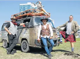  ?? Picture: FREDLIN ADRIAAN ?? CHARITY RACING: Team Outlaws members, from left, George Yerolemou, Riaan Claassen and Bernhard Wolf took part in the Jam Jar Rally on dirt roads between Port Elizabeth and Steytlervi­lle via Willowmore to raise funds for the Steytlervi­lle community and underprivi­leged schools on Saturday. The rally, which is for cars older than 30 years and below the value of R30,000, raised more than R30,000