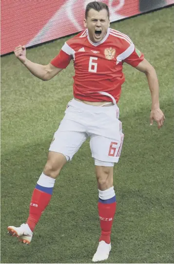 ??  ?? 0 Russia’s Denis Cheryshev celebrates after scoring his team’s second goal against Saudi Arabia.