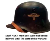  ?? ?? Most NSKK members were not issued helmets until the start of the war and then used mostly the M1934 models painted brown. This steel NSKK marked helmet is rare (icollector)