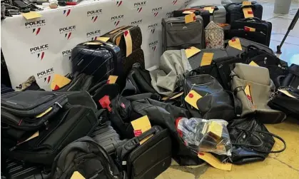  ?? ?? Some of the stolen luggage on display at a police press conference in Marseille. Photograph: handout