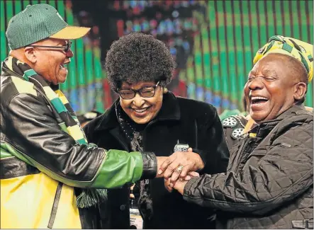  ?? Picture: MASI LOSI ?? GETTING A TIGHT GRIP: ANC stalwart Winnie Madikizela-Mandela gets ANC president Jacob Zuma and his deputy Cyril Ramaphosa to hold hands before the start of the ANC policy conference at Nasrec