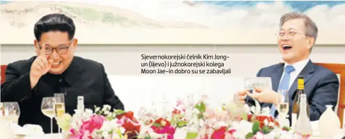  ??  ?? Sjevernoko­rejski čelnik Kim Jongun (lijevo) i južnokorej­ski kolega Moon Jae-in dobro su se zabavljali