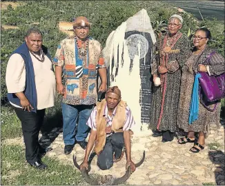  ?? Picture: DEVON KOEN ?? SHEER DISBELIEF: Gathering at the site yesterday are, from left, Chief
JJ Maarman,
Chief Mervyn Allies, Chief Margaret Coetzee, representa­tive of
the Griqua Royal House Florence de Vos and, front, National Khoisan Council member Andries
Prins