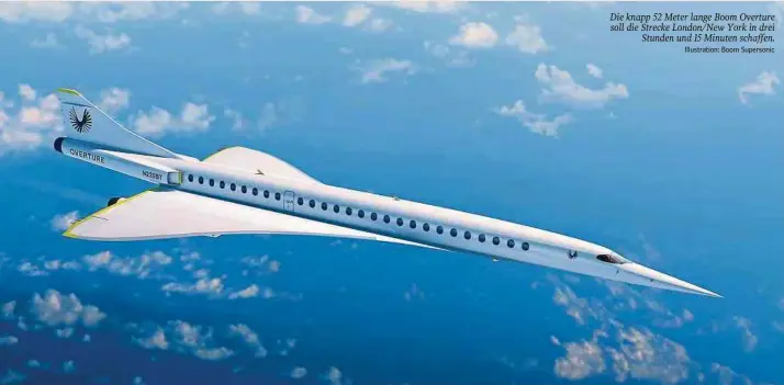  ?? Illustrati­on: Boom Supersonic ?? Die knapp 52 Meter lange Boom Overture soll die Strecke London/New York in drei Stunden und 15 Minuten schaffen.