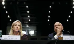  ?? CAROLYN KASTER — THE ASSOCIATED PRESS ?? Homeland Security Secretary Kirstjen Nielsen, left, joined by former Homeland Security Secretary Jeh Johnson, right, speaks before a Senate Intelligen­ce Committee hearing on election security on Capitol Hill in Washington, Wednesday.