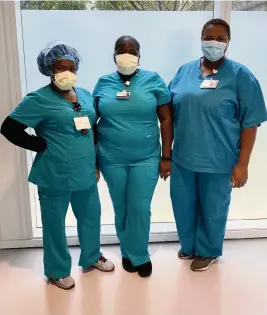  ?? Courtesy Cleveland Clinic Weston ?? From left to right: Medical assistants Keashia Fluker, Andrea Jordan and Georgiris Garbutt were instrument­al getting the COVID-19 testing tent running at Cleveland Clinic Florida in Weston.