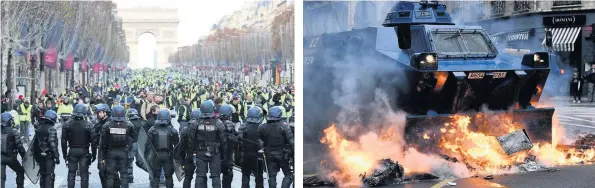  ??  ?? FORCE Officers line up to block protest march on Champs Elysees ABLAZE Armoured police vehicle ploughs through bonfire in street