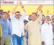  ?? HT ?? Gurdaspur MP and Bollywood star Sunny Deol during a rally in support of Haryana finance minister Capt Abhimanyu in Narnaund constituen­cy.