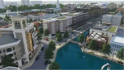  ?? RENDERING CONTRIBUTE­D BY URBAN STORY VENTURES ?? A rendering shows how the Bend could look when new planned housing, offices, a canal and other work is eventually finished on the riverfront tract on downtown Chattanoog­a’s Westside.