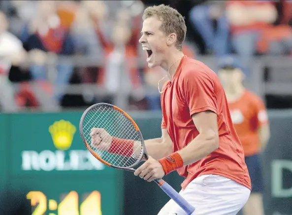  ?? PHOTOS: JUSTIN TANG/THE CANADIAN PRESS ?? Canada’s Vasek Pospisil says he is working on being more aggressive and making the points shorter in his game.