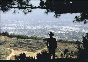  ?? Photograph­s by Genaro Molina Los Angeles Times ?? A MAN stands atop Nike Hill last month to view the site of the future Puente Hills Regional Park, once part of the former 1,356-acre landfill. Constructi­on will begin in 2025 and could take two decades.