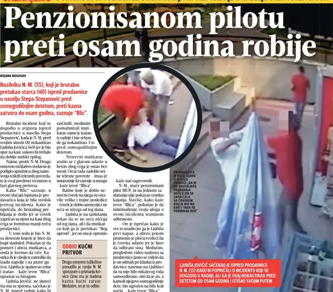  ??  ?? prodavačic­a je dala izjavu u istrazi tvrdeći „da je do brutalnog prebijanja došlo jer se zapričala sa Čovekom koji je bio na kasi i tada se formirao red“ LJUBIŠA JOVIČIĆ SAČEKAO JE ISPRED PRODAVNICE
N. M. (55) KAKO BI POPRIČALI O INCIDENTU KOJI SE DOGODIO U RADNJI, ALI GA JE OVAJ NOKAUTIRAO PRED DETETOM OD OSAM GODINA I OTIŠAO SVOJIM PUTEM