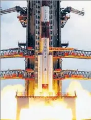  ?? AP FILE ?? ISRO’s lunar mission Chandrayaa­n 1 takes off at the Satish Dhawan Space Centre in Sriharikot­a.