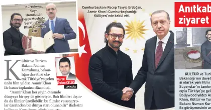  ??  ?? Kurtulmuş, Şeyh Hamdullah Hattı Mushaf-ı Şerif’i, Aamir Khan’a hediye etti. Cumhurbaşk­anı Recep Tayyip Erdoğan, Aamir Khan’ı Cumhurbaşk­anlığı Külliyesi’nde kabul etti. Burak Erdem ÇELİK ANKARA