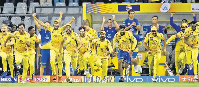  ?? PTI ?? Chennai Super Kings players erupt in joy after their eightwicke­t win over Sunrisers Hyderabad in the IPL final at the Wankhede Stadium in Mumbai on Sunday.