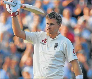  ?? Picture: AFP/ Paul ELLIS ?? HISTORIC MOMENT: England’s captain Joe Root celebrates after reaching his century during play on the opening day of the first Test cricket match between England and the West Indies at Edgbaston in Birmingham, central England last Thursday. England won the toss and elected to bat against the West Indies in the first day/night Test ever staged on English soil at Edgbaston