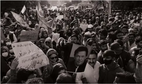  ?? ?? Supporters of the imprisoned former prime minister Imran Khan and his party, PTI, at a protest in Karachi, on Sunday