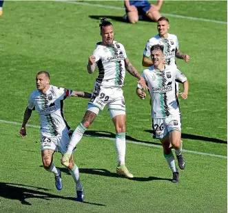  ?? GETTY IMAGES ?? Aleksandar Prijovic, of Western United, celebrates after scoring his 84thminute goal against Wellington Phoenix in Wellington yesterday.