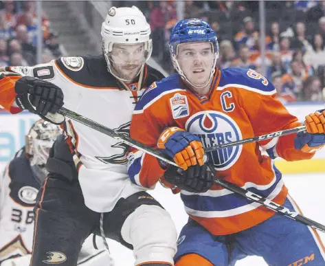  ?? JASON FRANSON/THE CANADIAN PRESS FILES ?? Oilers centre Connor McDavid, in action against Anaheim last month, says Ducks coach Randy Carlyle’s comment that the Edmonton captain gets preferenti­al treatment from officials “doesn’t affect me … it’s his opinion.”