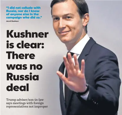  ?? WIN MCNAMEE, GETTY IMAGES ?? President Donald Trump’s son-in-law and senior White House adviser Jared Kushner arrives for a meeting with the Senate Select Committee on Intelligen­ce Monday in Washington. Kushner spoke with investigat­ors for two hours.