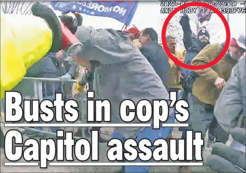  ??  ?? TRAGIC: Julian Khater (circled at the Capitol riot) allegedly fired bear spray at doomed Officer Brian Sicknick (right).