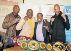  ?? Picture: BHONGO JACOB ?? READY FOR VICTORY: Komani boxing fans will be treated to top class boxing on Sunday when the town hosts internatio­nal and national boxing bouts at the Thobi Kula Indoor Sports Centre. Key figures involved include, from left, Balimo Weliya, former...