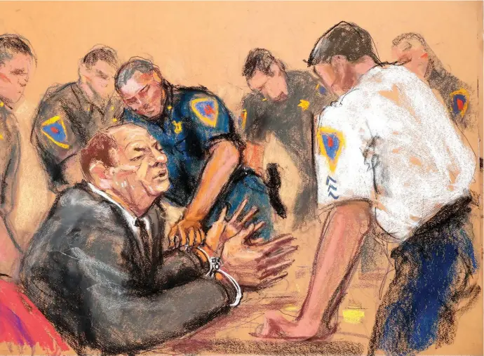  ??  ?? In this courtroom sketch, Harvey Weinstein is handcuffed after his guilty verdict in his sexual assault trial at the New York Criminal Court on Monday.
Reuters