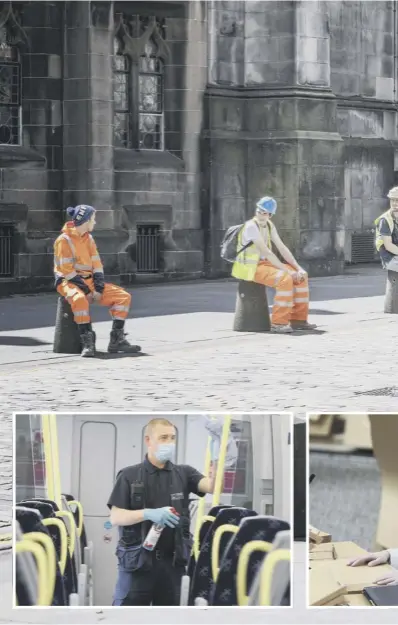  ??  ?? 0 Constructi­on workers comply with social distancing during their break along Edinburgh’s Royal Mile as Nicola Sturgeon eased lockdown measures, with shops and transport getting back on track