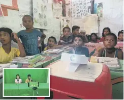  ??  ?? Rohingya children watching digital lesson and, inset, children in Bangladesh recording in green screen for Moja Kids