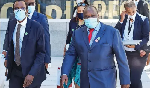  ?? | PHANDO JIKELO African News Agency (ANA) ?? FINANCE Minister Tito Mboweni arrives at Parliament with his delegation, to deliver this year’s Budget Speech.