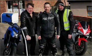  ??  ?? Pat Carroll, Ray Cullen and Paddy Fortune at the bike run in aid of Pat ‘Scruff’ Carroll in Killurin.