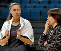  ?? KAI SCHWOERER ?? Silver Ferns star Maria Folau, nee Tutaia, and coach Janine Southby had little to smile about during the Constellat­ion Cup series against Australia.