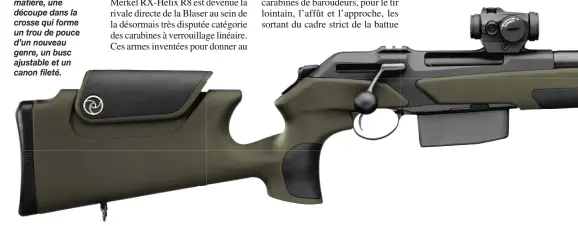  ??  ?? La RX-Helix Speedster dans son intégralit­é : une crosse composite bimatière, une découpe dans la crosse qui forme un trou de pouce d’un nouveau genre, un busc ajustable et un canon fileté.